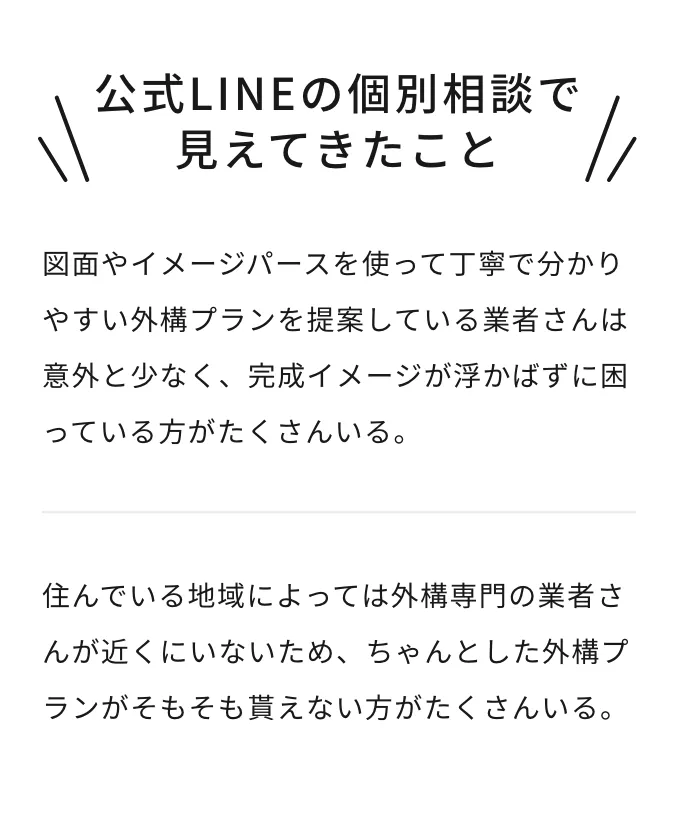 公式LINEの個別相談で見えてきたこと 図面やイメージパースを使って丁寧で分かりやすい外構プランを提案している業者さんは意外と少なく、完成イメージが浮かばずに困っている方がたくさんいる 住んでいる地域によっては外構専門の業者さんが近くにいないため、ちゃんとした外構プランがそもそも貰えない方がたくさんいる